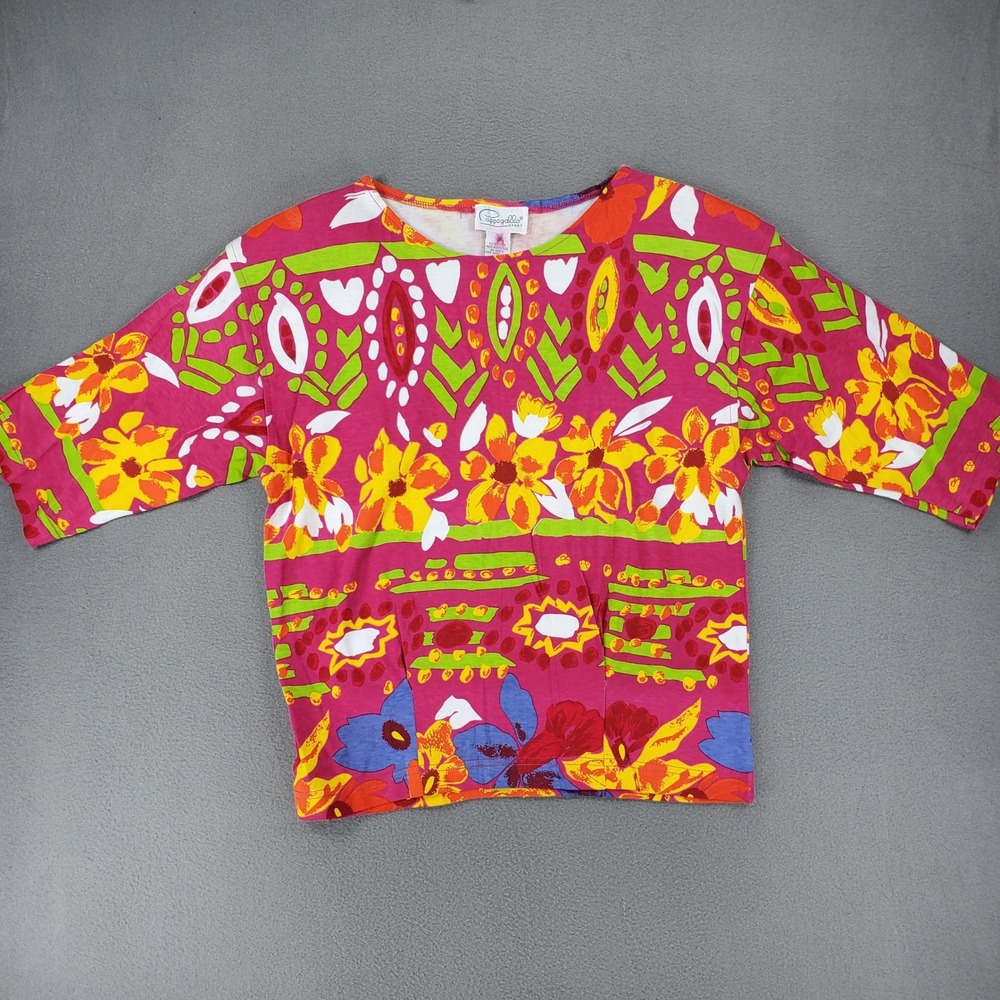 Pappagallo Sport Top Womens S Pink Floral Abstract Vintage 90s 3/4 Sleeve Cotton